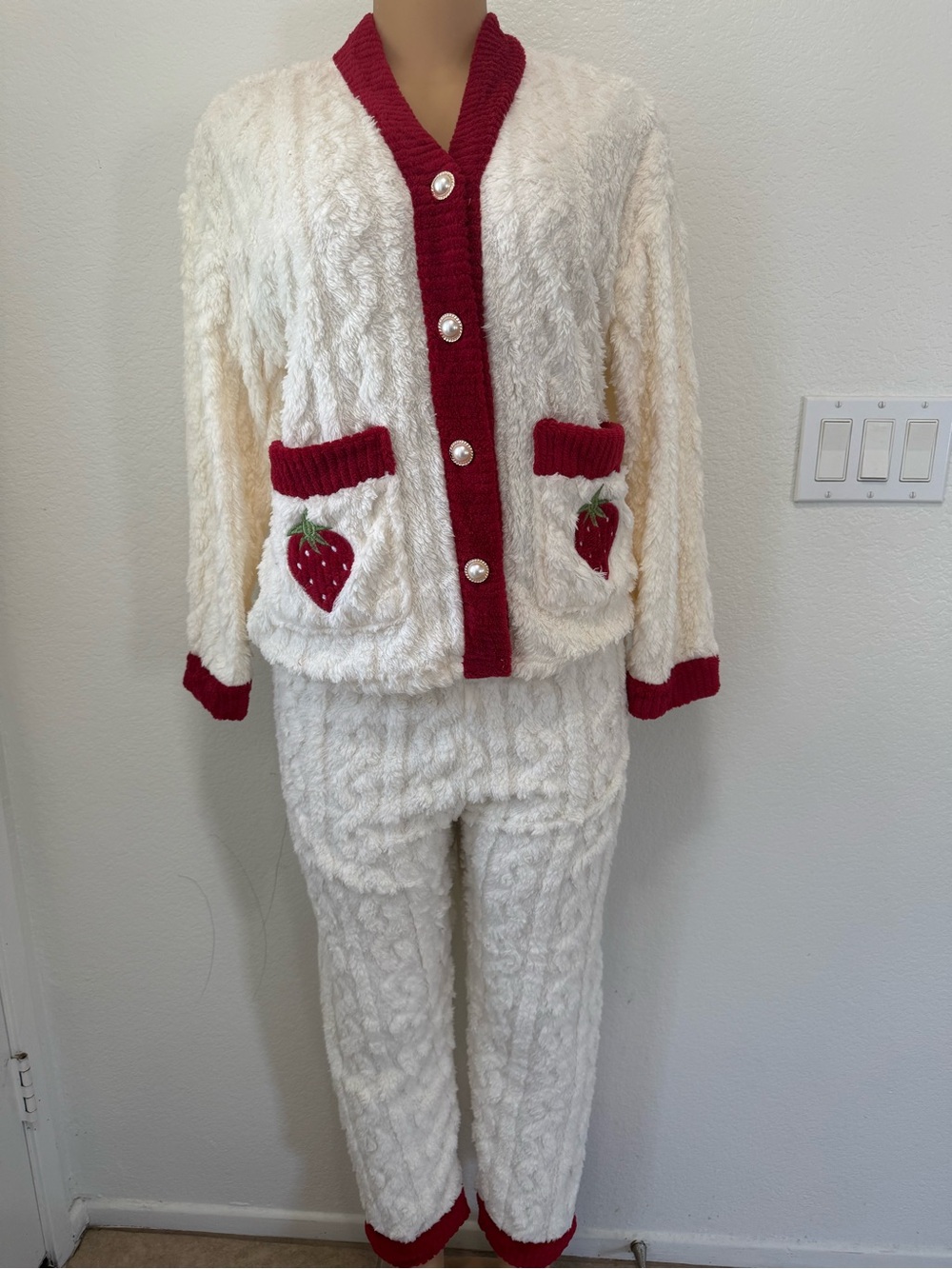 Cream & Red Strawberry Accent Kids Pajama Set